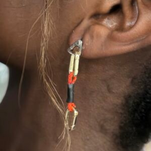 Silver hanger bolt earring with gold carabiner red QuickDraw