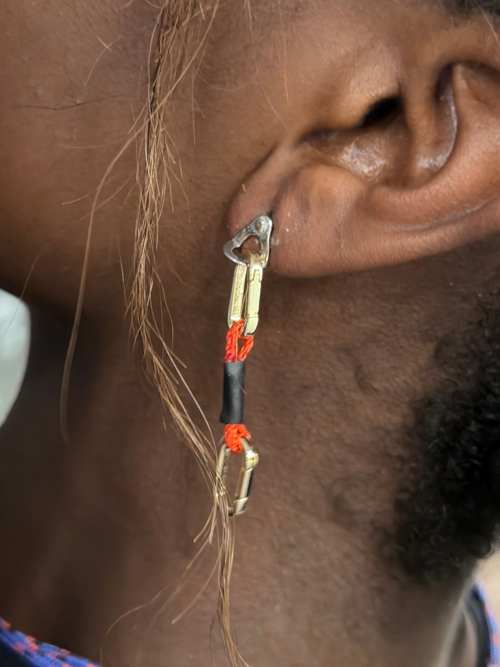 Silver hanger bolt earring with gold carabiner red QuickDraw