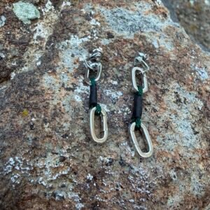 Silver hanger bolt earring stud with silver carabiner and green quickdraw