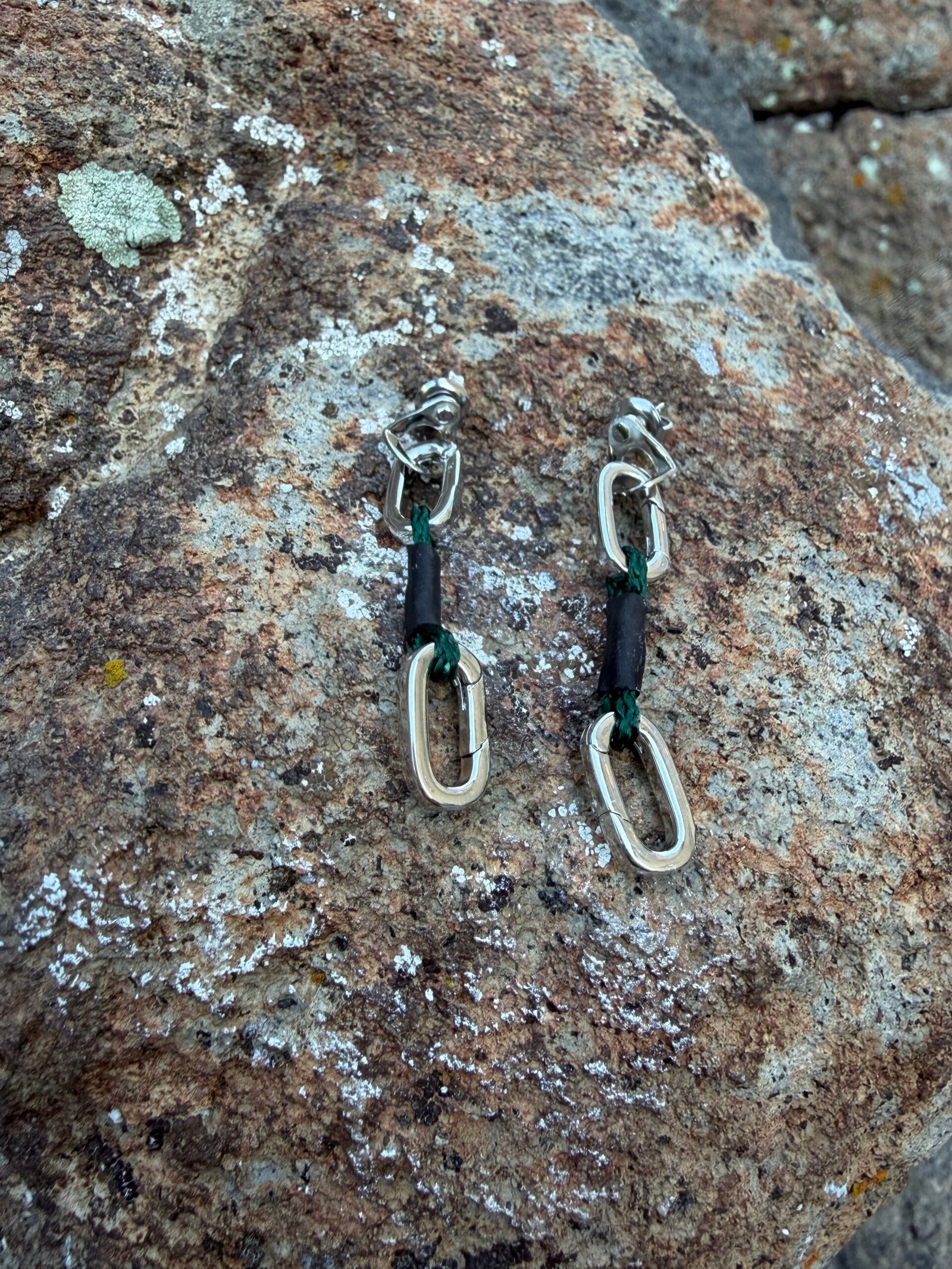 Silver hanger bolt earring stud with silver carabiner and green quickdraw