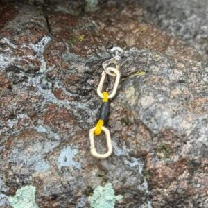 Silver climbing bolt earring with silver carabiner and yellow quickdraw